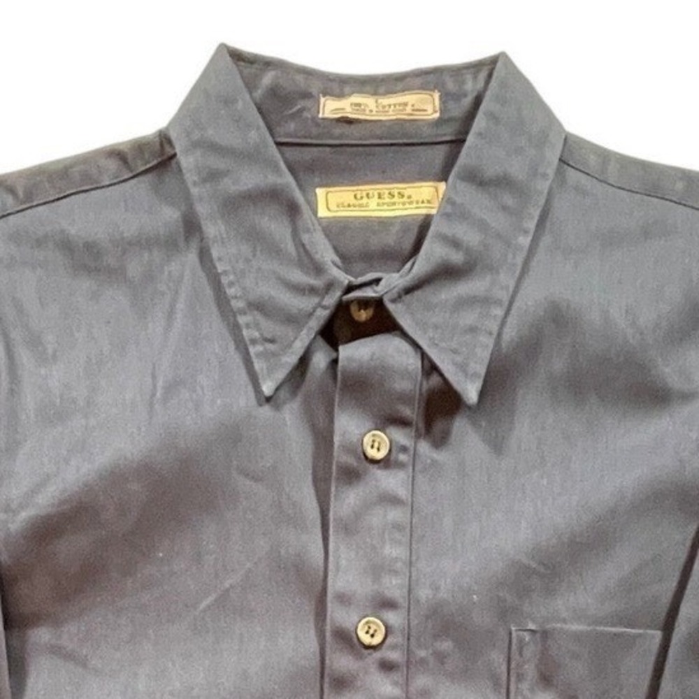 Guess Button Down Shirt Mens Large Black Herringbone Cotton Long Sleeve Casual
